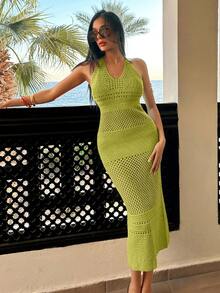 EURMUSE V-Neck Open-Knit Halter Maxi Dress In Vibrant Neon Green, Breathable Lightweight Crochet Design For Summer Beach Vacations And Style - Green - View 6