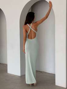 Aloruh 女士春夏新款针织连衣裙，纯薄荷绿连衣裙，亮片刺绣优雅度假连衣裙，性感深V露背连衣裙 - 薄荷綠 - 查看 3