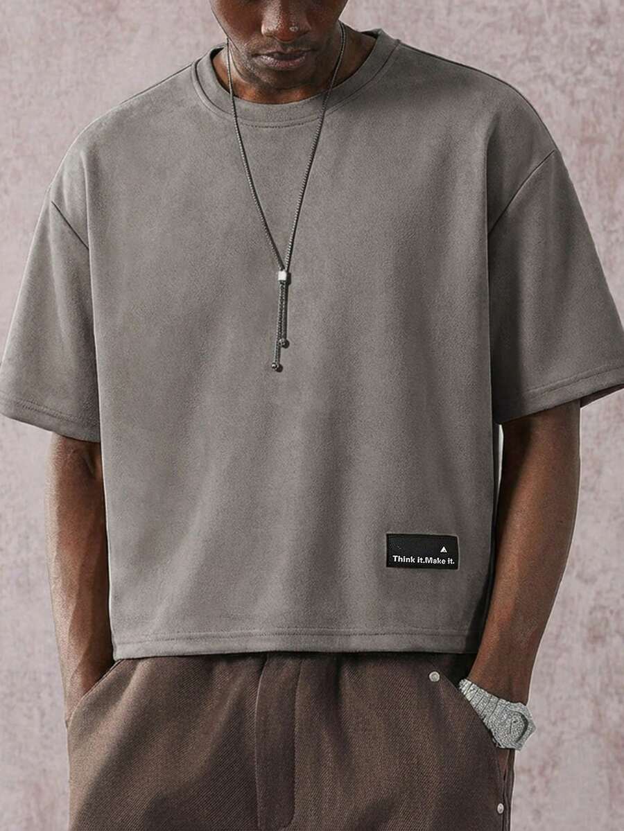 STYNVO 男士休闲时尚街头风日常通勤字母印花宽松T恤，夏季 - 灰色 - 查看 1