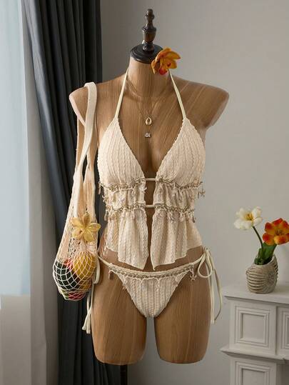 Bellisia Summer Beach Women 2 Pieces Spaghetti Strap Vest Wavy Striped Shell Patchwork Tie Neck Bikini Set, Bohemian Style