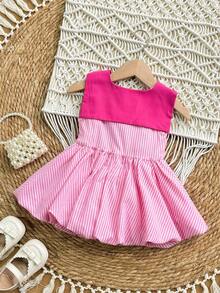 SHEIN Bộ áo liền quần 2 trong 1 kiểu dáng mùa hè dễ thương cho bé gái, phối màu sọc, kiểu dáng sinh viên. - Hồng - Xem 3