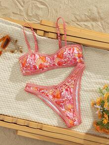 Swim Vcay 2件套新款随机印花可调节肩带性感优雅度假比基尼泳装套装，适合海滩、泳池、派对等场合。 - 彩色 - 查看 1