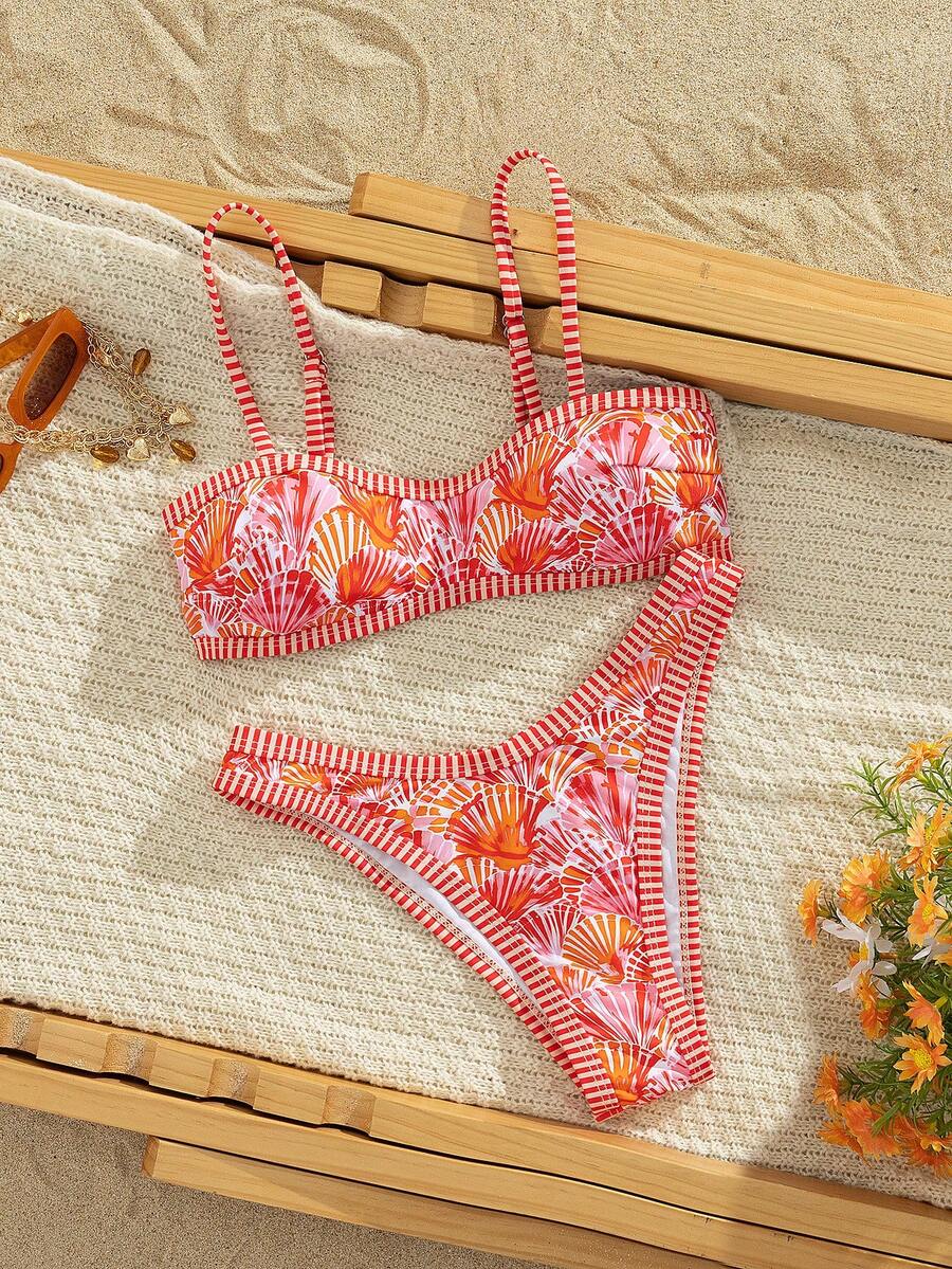 Swim Vcay 2件套新款随机印花可调节肩带性感优雅度假比基尼泳装套装，适合海滩、泳池、派对等场合。 - 彩色 - 查看 1