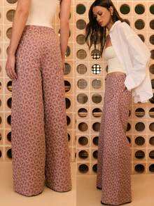 Nöista Wide-Leg Pants In Mauve With A 3d Geometric Quilted Texture. Designed With Rounded Patch Pockets And A Relaxed, Modern Fit. Spring , Spring Break , Spring , Casual , And Vacation Looks. - Dusty Pink - View 4
