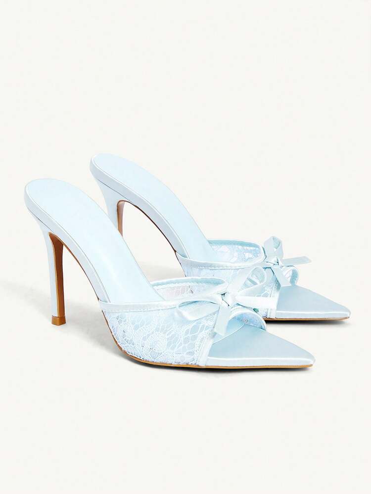 CUCCOO CHICEST Women Shoes Blue Satin Mesh Stitching Summer And Summer Bow Elements Fashion Sexy Pointed Stiletto Slippers Summer Shoes Wedding Shoes Bride Shoes