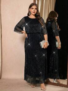 Reflora Plus Size Solid Color Round Neck Raglan Mid-Sleeve Elegant Minimalist Long Dress - Black - View 6
