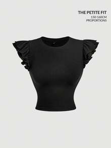 SHEIN MOD Petite 适合身高150-160厘米的娇小身材，完美贴合娇小身形，专为娇小女性设计，纯色圆领短袖罗纹修身T恤。黑色罗纹针织上衣，轻盈柔软舒适，纯色百搭，简约时尚，透气舒适。 - 黑色 - 查看 1