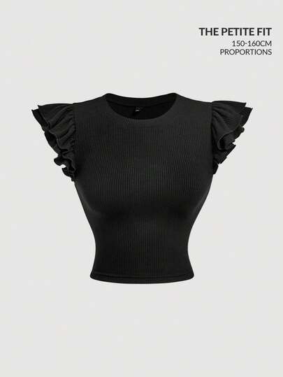 SHEIN MOD Petite Fit For The 150-160cm,Petite Perfect,Designed For Petites,Women's Solid Color Round Neck Cap Sleeve Ribbed Fitted T-Shirt.Petite Black Ribbed Knit Top Sleeveless Ruffle Shoulder Elegant Classic Fitted Stretchy Crew Neck Lightweight Soft Comfortable Solid Color Versatile Feminine Simple Minimal Chic Breathable Refined Delicate Summer Flattering Stylish Textured,Summer Holiday Outfits, Vacation Outfits , Carnival Costume , Valentines Day Outfit  , Valentine Outfits For Women , Summer Outfits , Spring Break Outfits