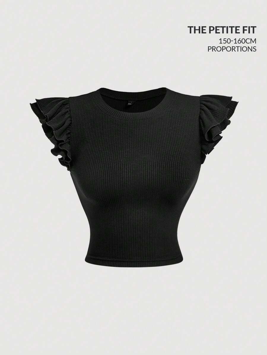 SHEIN MOD Petite 适合身高150-160厘米的娇小身材，完美贴合娇小身形，专为娇小女性设计，纯色圆领短袖罗纹修身T恤。黑色罗纹针织上衣，轻盈柔软舒适，纯色百搭，简约时尚，透气舒适。 - 黑色 - 查看 1