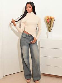 Mima John Asymmetrical Hem Ribbed Knit Sweater Elegant Spring Vacation Cute Sexy 90's Summer Holiday Graduation Wedding Guest Fall Autumn Winter Everyday Christmas Thanksgiving Chic - Apricot - View 1