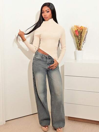 Mima John 不对称下摆罗纹针织毛衣，优雅春假可爱性感90年代夏季假日毕业典礼婚礼宾客秋季冬季日常圣诞节感恩节时尚