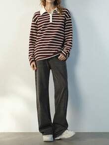 Maija 女士条纹落肩长袖Polo领休闲T恤 - 酒紅色 - 查看 4