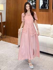 DAZY Women's Elegant Contrast Lace Long Dress, Suitable For Dates In Summer Sundress - Pink - View 3