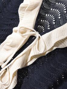 CosyJoli كارديجان كاجوال بدون أكمام مزين بالكشكشة وربطة ملونة مع تفاصيل مفرغة للمقاسات الكبيرة - أزرق بحري - مشاهدة 5