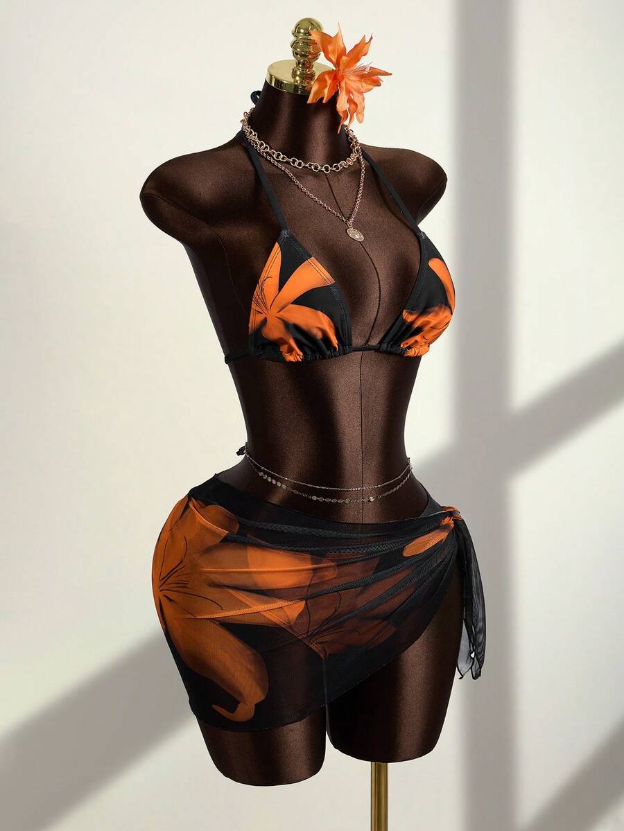 Zestiva 女士印花露背系带性感比基尼三件套，海滩度假 - 黑色 - 查看 1