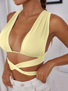 Glamine 性感纯色交叉绑带无袖吊带背心，适合夏季穿着 - 奶油色 - 查看 4