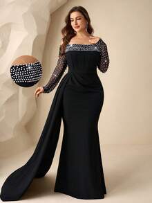 Coutiva Plus Size Women Faux Pearl Decor Mesh Patchwork Long Sleeve Flowy Elegant Formal Evening Gown Plus Size Off The Shoulder Elegant Dress Plus Size Black Evening Gown Plus Size Black Cocktail Dress Off The Shoulder Plus Size Dress Plus Size Curve Elegant Dress Plus Size Evening Gown Plus Size Black Elegant Dress Plus Size Corset Dress Valentines Dress Elegant Dress Sequin Dress Floral Dress Luxury - Black - View 2