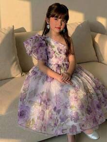 SHEIN 小女孩碎花短袖公主裙，新款蓬蓬裙派对礼服 - 紫色 - 查看 4