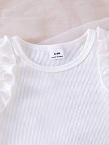 2pcs Baby Girls' Knit Ruffle Trim Top And Embroidered Waist Belt Skirt Set, Casual Summer Outfit - White - View 5