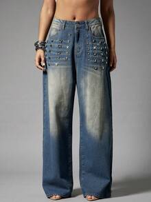 Denimoi Studded Washed Denim Jeans Straight Leg Jeans Fashionable Streetwear Statement Jeans - Medium Wash - View 4