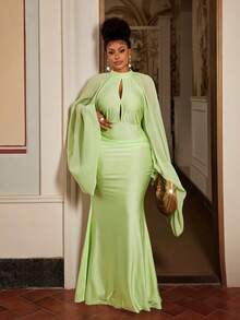 Maweii Plus Size Women's Lime Green High Neck Cape Sleeve Ruched Bodycon Maxi Dress, Elegant Fit For Spring & Summer Wedding Guest & Party Outings - Green - View 5