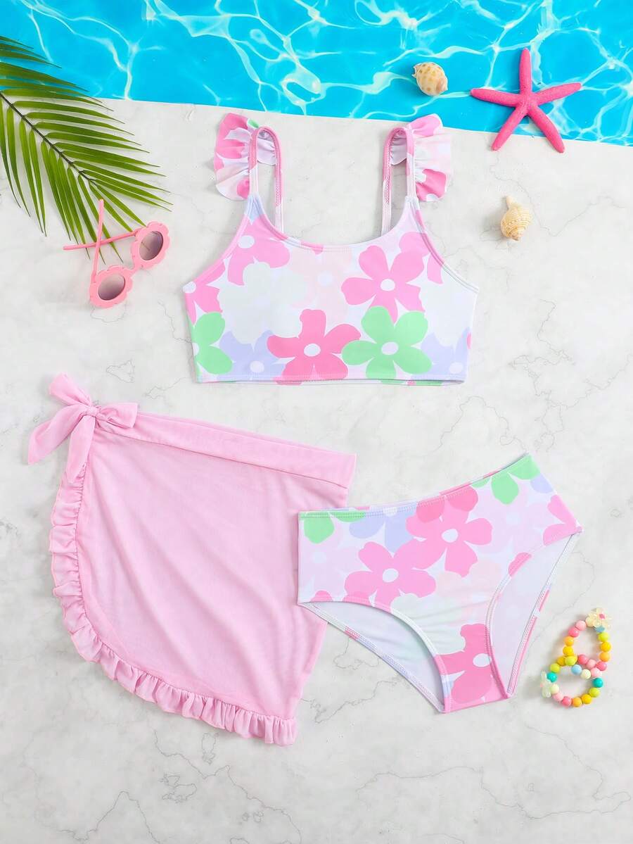 SHEIN Tween Girls' 3 Pieces Bikini Set With Sarong Skirt,Pink Flower Printed Cute Summer Swimwear,Beach Holiday Quick Drying Mesh Ruffle Edge Bathing Suit - Baby Pink - View 1