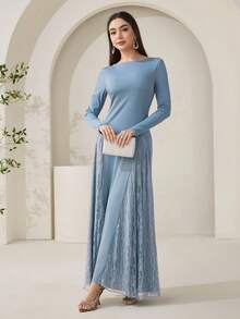 Veilorie Modest Elegant Lace Patchwork Long Dress For Women Blue Dresses For Women Blue Dresses For Women Dress Modest - Gray Blue - View 3