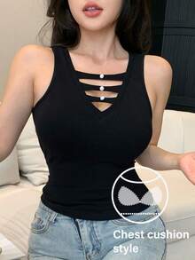 DAZY Black Hollow Neck Camisole Top With Built-In Padded For Women - Black - View 5