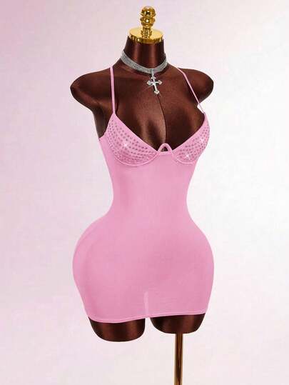 Amplova Sleeveless Rhinestone Decor Backless Criss-Cross Design Bodycon Mini Party Dress Sexy Summer Dress Built In Bra Dress Birthday Dress Pink Club Dress Pink Sexy Dress Elegant Dresses For Women Vacation Outfits Women Vacation Outfits Women Y2k Party Dress Valentine's Day  Summer Outfit For Women Spring Outfit Women