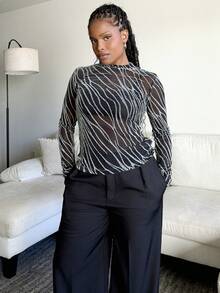 Tyla Gomez Versatile Fitted Long Sleeve Sheer Mesh Women Tops - Black - View 5