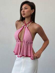 Aloruh Áo hai dây dệt kim phối màu hở lưng dành cho nữ, áo kiểu trễ vai cổ yếm hở lưng, thích hợp cho mùa xuân/hè. - Hồng - Xem 6