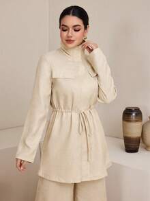 Graceveil Bộ 2 món áo khoác cổ đứng có dây rút điều chỉnh dành cho nữ và quần in họa tiết. - Màu be - Xem 4