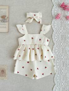 SHEIN 两件套女婴夏季套装，可爱樱桃印花吊带背心搭配松紧腰短裤和发带，柔软舒适，适合春夏外出，是送给6个月至3岁宝宝的绝佳礼物。 - 杏色 - 查看 2