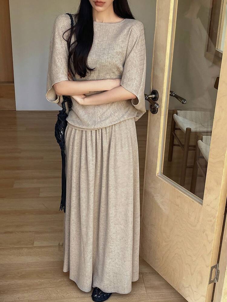 Women's Solid Color Batwing Sleeve Top And Skirt Casual 2-Piece Set Summer