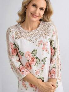 Miaspire 花卉印花蕾丝拼接优雅女士衬衫，适合春夏休闲穿着。 - 彩色 - 查看 6
