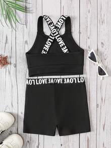 Young Girl Casual Black Sports Bra And Leggings Set - Black and White - View 2