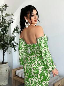 SHEIN SXY 女士印花露肩灯笼袖扭结设计短款性感上衣 - 綠色 - 查看 3