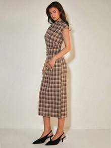 COSMINA Women's Stand Collar Ruched Plaid Fitted Long Dress - Multicolor - View 5
