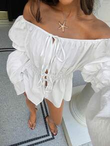 Aloruh Áo kiểu nữ thanh lịch, gợi cảm, thời trang phong cách Y2K, khoét lỗ, thắt nơ phía trước, lệch vai, tay bồng, thích hợp cho mùa xuân/hè. - trắng - Xem 8