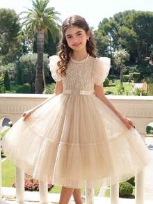 Tween-Mädchen Elegantes luxuriöses Tüll-Patchwork-Prinzessinnenkleid, geeignet für Geburtstagsfeiern, Hochzeiten, BlumenKleid - Aprikosenfarben - Übersicht 2