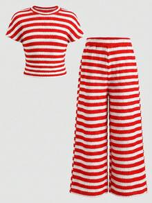 SHEIN 少女休闲度假优雅条纹提花针织修身褶皱短袖上衣和配套长裤套装 条纹套装 黑白套装 条纹两件套 条纹长裤 条纹上衣 少女套装 少女夏季套装 少女裤装 春夏条纹短袖套装 - 紅色 - 查看 6