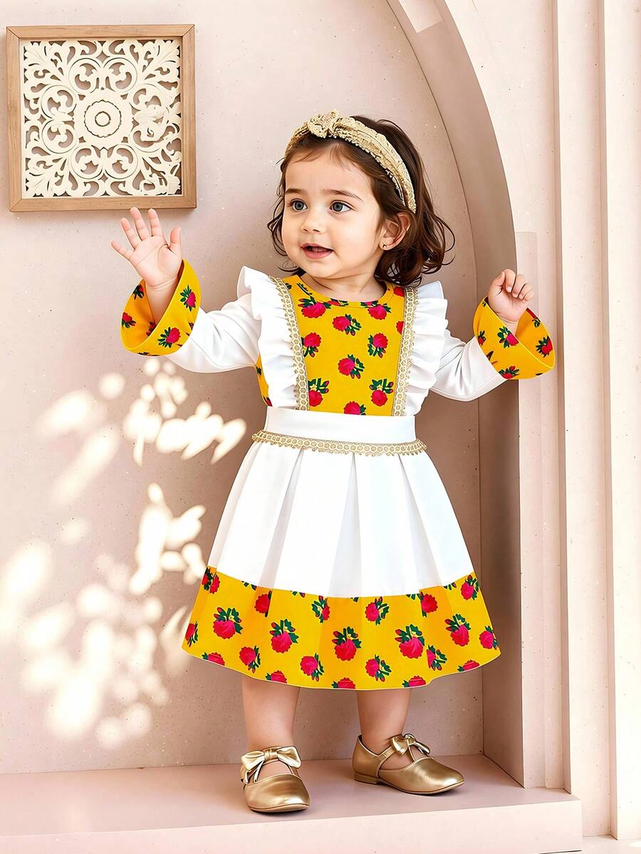 Conjunto de 2 piezas de camiseta de manga larga con encaje floral y cinta dorada, y falda con estampado floral ditsy, para niñas pequeñas, esencial de viaje de verano, moda suave y esponjosa, 2026 - Amarillo - Ver 1