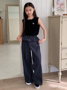 DAZY Tween Girls' Solid Color Plaid Patchwork Sleeveless T-Shirt And Pants Set - Navy Blue - View 3