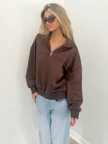 Sydney Algeri Women's Loose Solid Half Zip Thermal Lining Sweatshirt - Coffee Brown - View 6