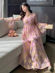 DAZY Women's Round Neck Semi-Sheer Long Sleeve Cinched Waist Dress - Pink - View 5