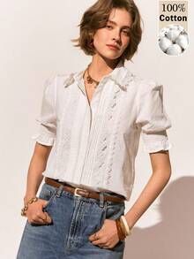 Poéselle 女士休闲白色蕾丝边棉质衬衫，可爱夏季上衣，外出上衣，优雅度假、海滩、夏季穿着，适合日常、办公和度假穿着，春夏棉质短袖衬衫 - 白色 - 查看 3