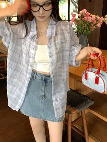 DAZY Women's Plaid Collar Long Sleeve Shirt, Korean Style, Spring/Summer - Baby Blue - View 11