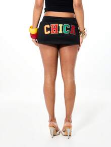 SUMWON WOMEN 刺绣字母迷你裙，饰以撞色抽绳和明线缝制设计，打造休闲夏季街头风造型 - 黑色 - 查看 2