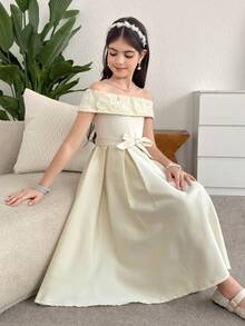 SHEIN 少女杏色刺绣拼接露肩收腰公主裙，休闲、正式、派对、生日、姐妹装，适合女孩日常穿着、节日、家庭聚会和特殊场合，姐妹装，春夏款，可爱、优雅、甜美、复古、时尚。母女装、姐妹装。 - 杏色 - 查看 5