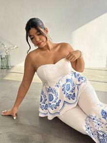 Firerie 大码复古抹胸上衣和宽松长裤两件套，休闲百搭，夏季必备 - 藍白色 - 查看 2